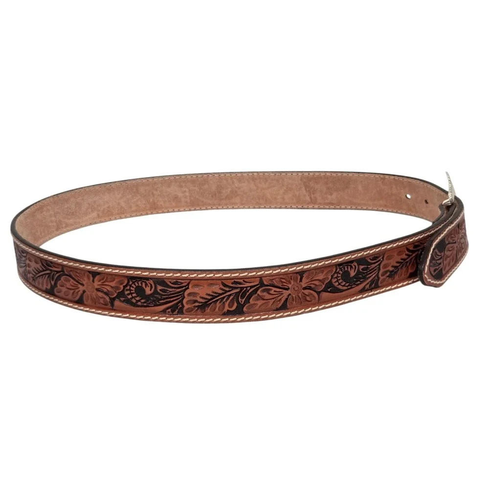 New Tony Lama Belt Mens 38 Brown Floral Tooled Leather Western Silver Buckle